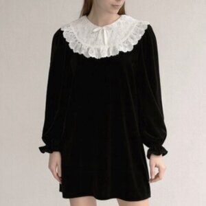 &Other Stories Vintage Black Velvet Dress White Lace Collar Y2K Whimsigoth Sz 6